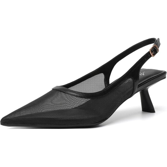 Mostrin Kitten Heels Black Mesh Mesh Low Slingback Heels with Buckle Dress Shoes - Picture 1 of 9